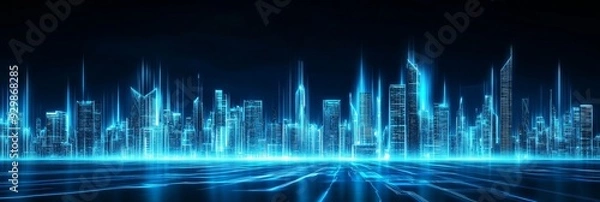 Fototapeta Futuristic digital cityscape with glowing blue lines forming buildings and streets, symbolizing smart cities