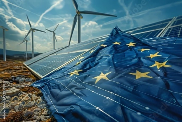 Fototapeta EU flag on the background of wind engines and solar panels, alternative eco-friendly energy sources, renewable energy