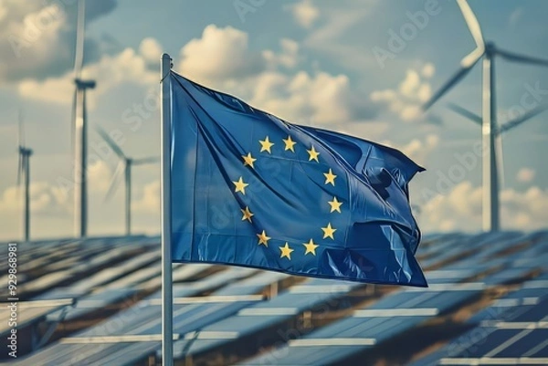 Fototapeta EU flag on the background of wind engines and solar panels, alternative eco-friendly energy sources, renewable energy
