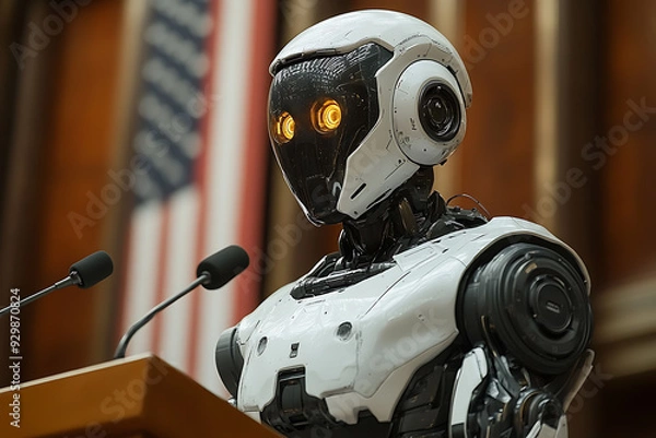 Fototapeta A humanoid robot giving a speech at a podium with an American flag backdrop, symbolizing AI leadership and futuristic technology.






