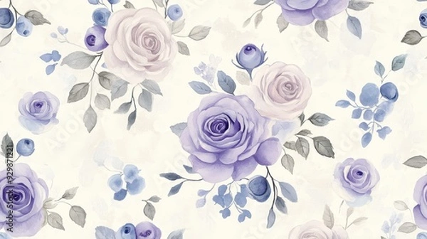 Fototapeta A floral pattern featuring soft purple roses and leaves on a light background.