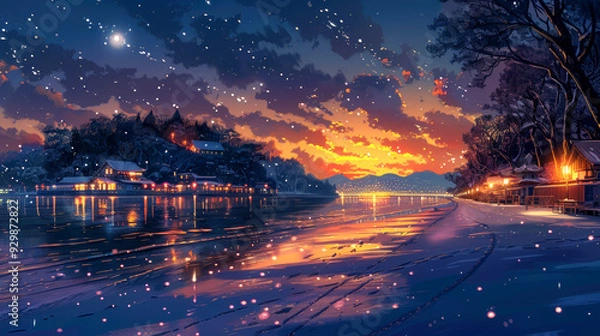 Fototapeta Snowy Lakeside Village at Twilight with Starry Sky