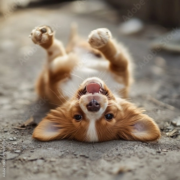 Fototapeta A playful corgi puppy lying on its back, showcasing joy and cuteness in a natural outdoor setting.