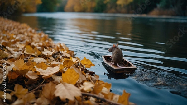 Obraz A Rat Sailing Across the River in a Natural Boat