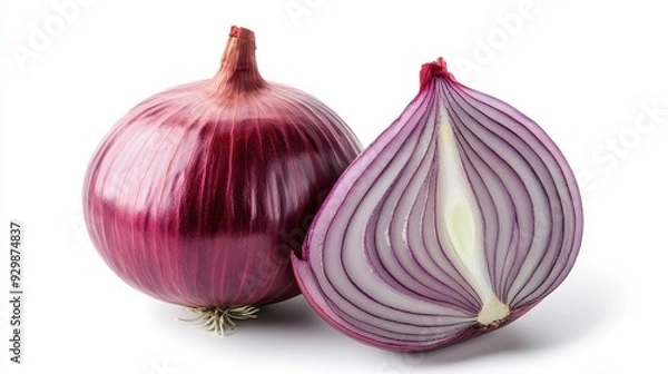 Fototapeta Fresh Red Onion Whole and Sliced  Isolated on White Background