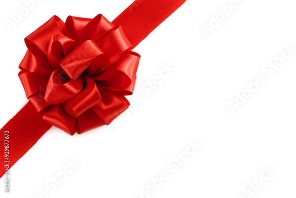 Fototapeta Shiny red ribbon bow overlay template isolated on white background with clipping path, object for creative design decoration