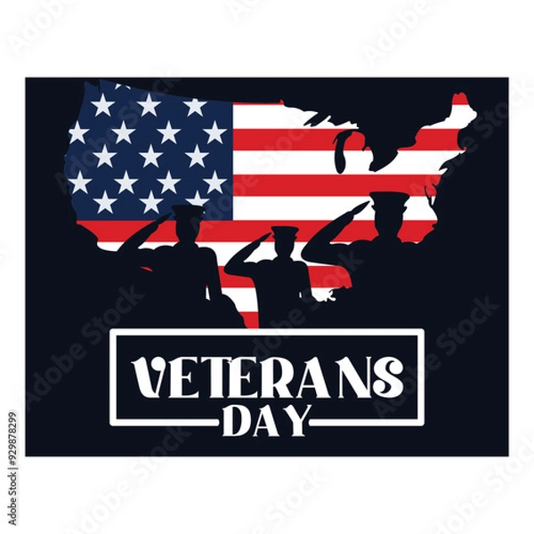 Fototapeta Veterans Day with American map and soldiers. Honoring all who have served. Flat vector illustration.