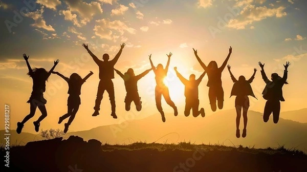 Obraz Silhouette of Group of Friends Jumping in the Air at Sunset