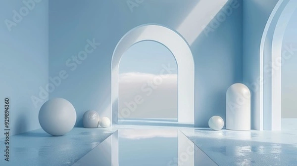 Fototapeta A serene blue backdrop showcases a minimalist stage design with smooth geometric shapes and soft lighting enhancing the atmosphere