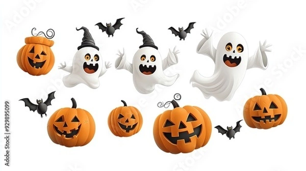Fototapeta Spooky Halloween collection featuring cheerful ghosts, smiling pumpkins, and playful bats for festive designs.