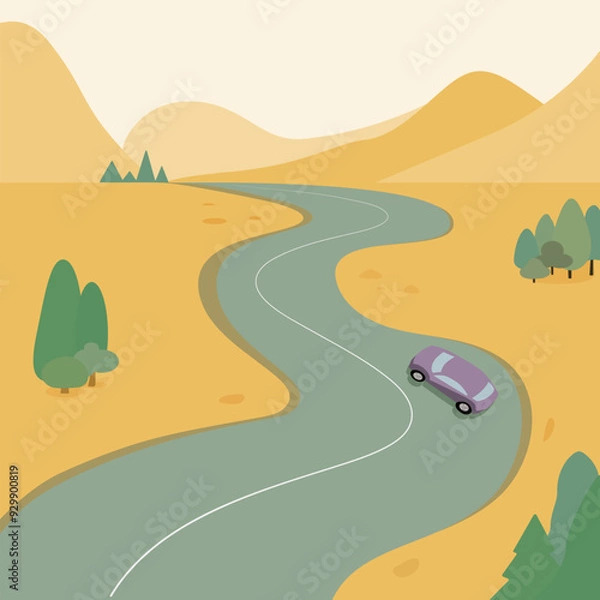 Obraz The car is driving along a winding road in the mountains. A bird's-eye view. A scenic trip along winding mountain roads. Vector illustration, flat style