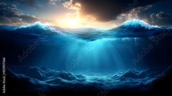 Fototapeta Serene underwater scene with sunlight filtering through waves.