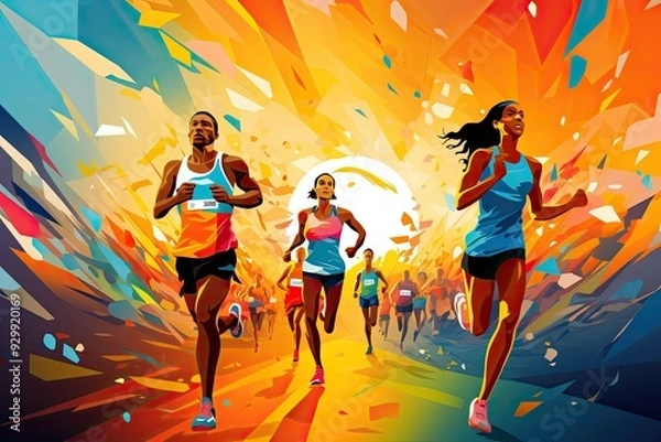 Fototapeta Advertising of marathon poster illustrated with a group of runners in various dynamic poses.