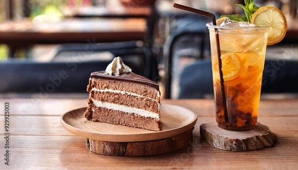 Obraz カフェで一切れのチョコレートケーキと飲み物のセット