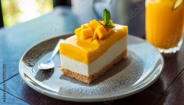 Obraz お皿に乗せたマンゴーのカットタルトケーキ一切れ