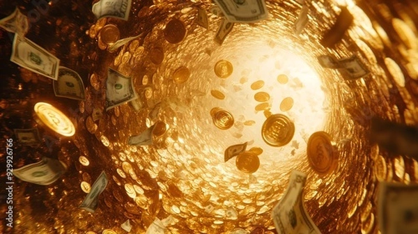 Fototapeta A 3D scene where gold coins and dollar bills are swirling together in a vortex