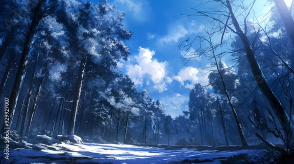 Fototapeta A Snow-Covered Forest Path Under a Blue Sky