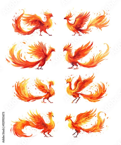 Fototapeta Phoenix cartoon vector collection. Blazing flame feathers fire plumage inferno wings blaze eternal life renewal soaring legendary flying mythical bird, illustrations isolated on white backdrop