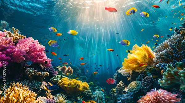 Fototapeta Underwater Coral Reef with Colorful Fish and Sunbeams