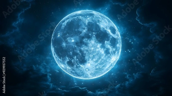 Fototapeta Blue Glowing Moon in a Starry Night Sky High-Resolution Sci-Fi Digital Art