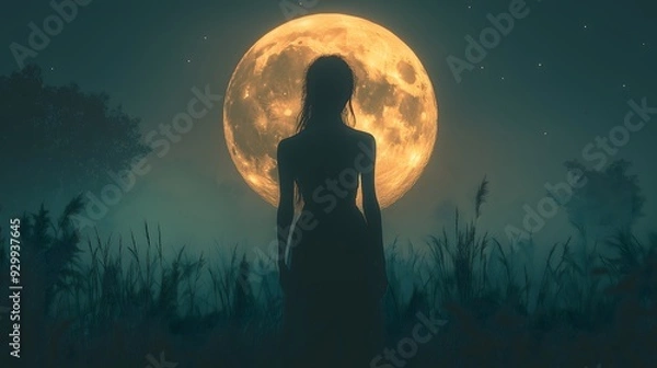 Fototapeta A stunning silhouette of a witch gazing at the full glowing moon, surrounded by misty nature and stars, creating a peaceful and mysterious nighttime atmosphere