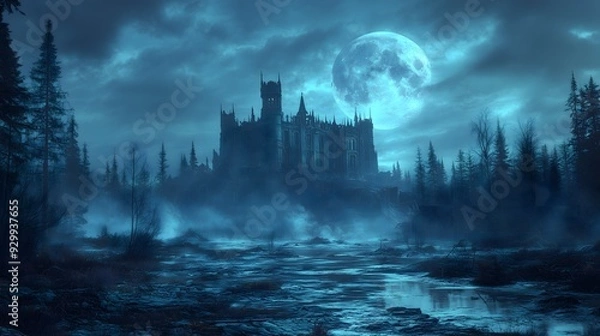 Obraz Dark and Mysterious Full Moon Over a Gothic Castle Surrounded by a Misty Forest and Reflective Water Creating a Hauntingly Atmospheric Scene Perfect for Fantasy Photography