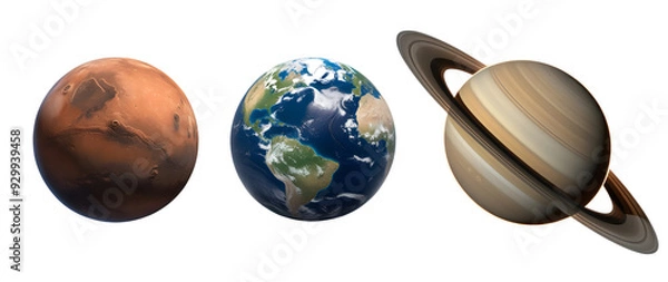 Fototapeta Celestial body collection planet earth, mars and saturn isolated on a white background PNG.