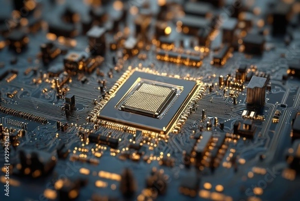 Fototapeta Intricate Nanotech Circuitry on a Microchip, showcasing advanced technology with complex designs, highlighting precision engineering and innovation in modern electronics.