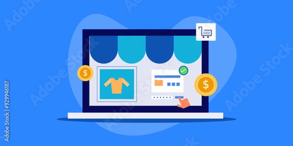 Fototapeta Ecommerce purchases secure online payment transaction digital checkout from laptop computer, vector illustration concept.