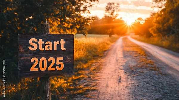 Fototapeta A rustic wooden sign displaying Start 2025 on a tranquil country road during sunset, with warm hues of the setting sun illuminating the scene
