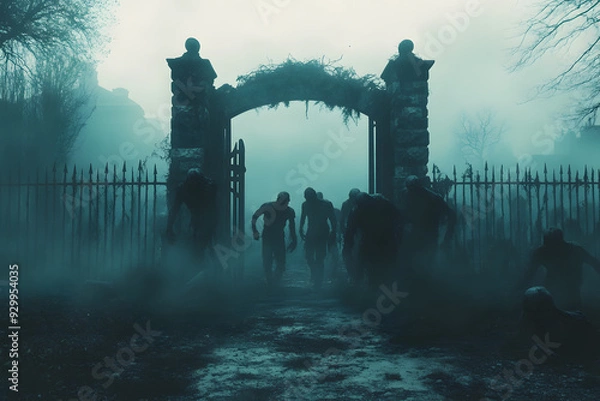 Fototapeta Zombies Breaking Through a Cemetery Gate isolated on white background