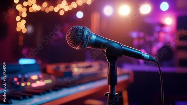 Obraz A microphone placed in an acoustically treated studio, with soft lighting and high end gear.