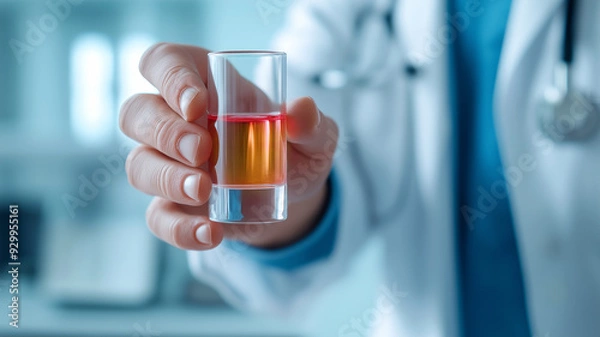 Obraz a doctor's hand holding a urine sample with a red discoloration, symbolizing the detection of blood in urine and the need for further medical investigation.