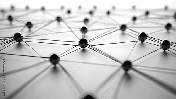 Fototapeta A digital network diagram, with bold black lines connecting sleek, metallic nodes on a bright white background, the lines form a precise grid, illuminated by soft, ambient light that adds depth and