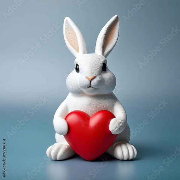Fototapeta 고무로 만든 라이트 하얀색 색 토끼가 앉는 자세와 토끼 손이 붉은 색 하트를 잡고 있습니다.