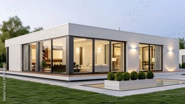 Obraz Modern house design featuring large glass windows and spacious outdoor area, perfect for contemporary living and relaxation.