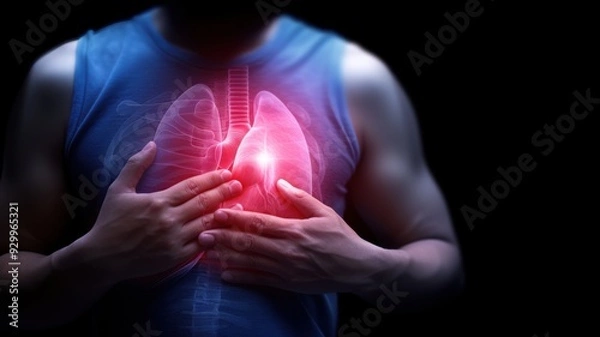 Fototapeta A person holding their chest, symbolizing lung health and respiratory awareness with glowing lungs in focus.