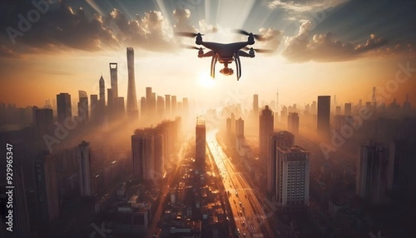 Fototapeta A drone captures a bird's-eye view of a bustling cityscape at sunset, showcasing skyscrapers and a winding river