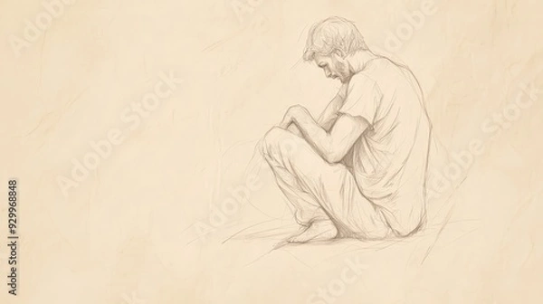 Fototapeta Biblical Illustration of Job’s Response to Zophar - Quiet Reflection on Pain and Loss with Fragile Hope for Divine Vindication, Beige Background