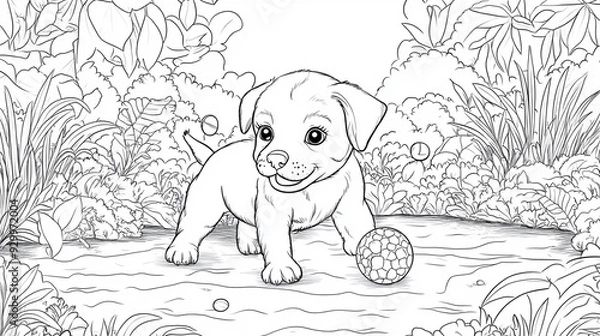 Fototapeta Coloring page cute little puppy play with ball on meadow. Black and white illustration for children drawing
