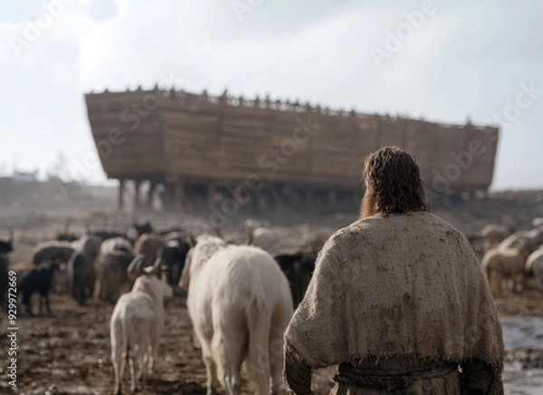 Fototapeta Noah's journey, depiction of religious personality Noah and his ark, illustrating biblical story of salvation and survival, highlighting his faith and significance of great flood narrative.