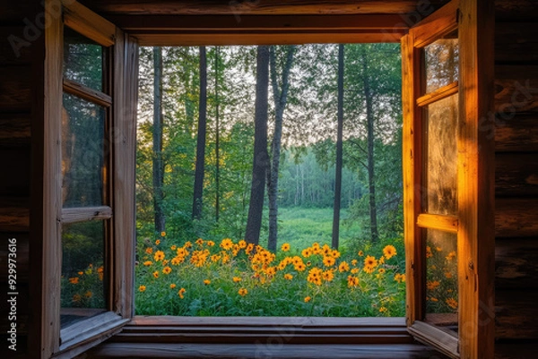 Fototapeta Forest Clearing with Wildflowers Through a Cabin Window