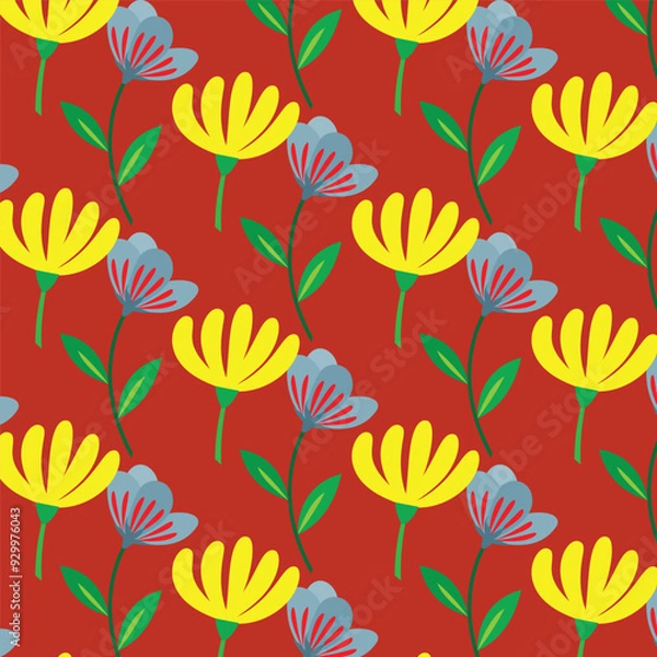 Obraz Discover vibrant vector patterns with red and yellow floral designs, featuring intricate leaves and seamless double patterns. Ideal for adding bold, colorful accents to your creative projects.