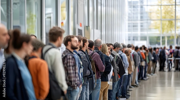 Obraz Long queue at a job fair emphasizing unemployment rates