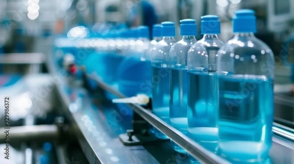 Fototapeta Clear plastic bottles filled with light blue liquid are part of an automated production line in a modern industrial setting, highlighting efficiency and precision.