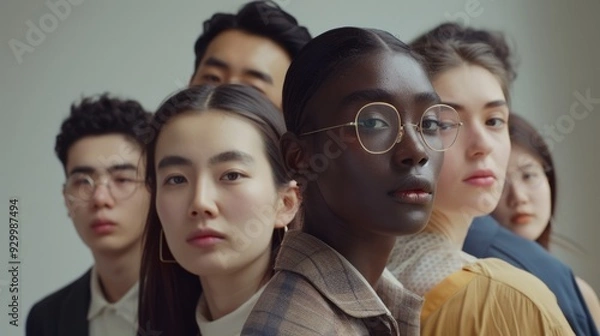 Fototapeta A diverse group of individuals stands closely together, highlighting unity and diversity with a sense of depth and emotion on their faces.