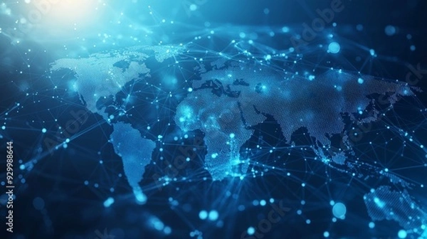 Fototapeta Digital Global Network Map in Cool Blue Tones