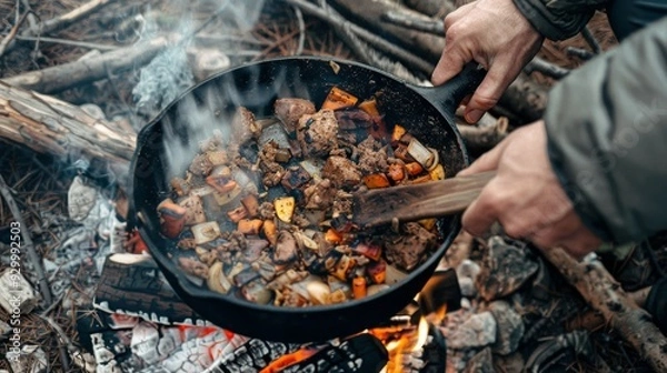 Fototapeta A person cooking a hearty meal in a cast-iron skillet over an open campfire, with chopped vegetables and meat creating a rustic scene.