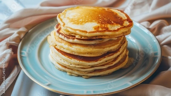Fototapeta A tall stack of golden pancakes on a pastel blue plate, gently illuminated in a cozy setting with soft fabric in the background.