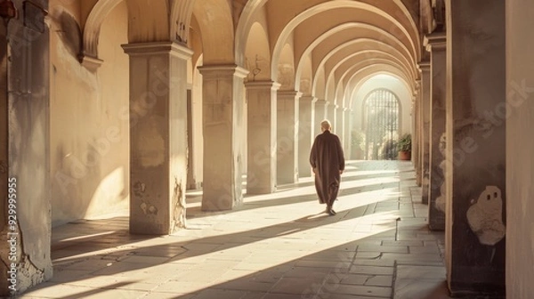 Fototapeta Sunlight pours through the arches of a historic colonnade, casting dramatic shadows as a solitary figure walks, creating a timeless moment.
